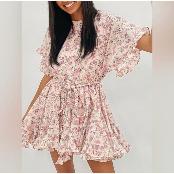 TALULAH Belted Coquette Glam Floral Bouquet Print Swing Mini Dress Sz Medium - Picture 1 of 7